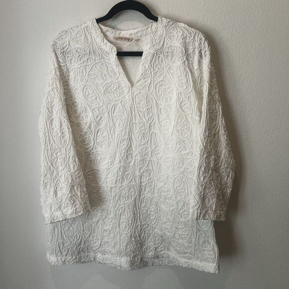 Soft Surroundings White Embroidered Tunic Top Blouse Sz L Elegant Coastal Chic - Picture 1 of 6